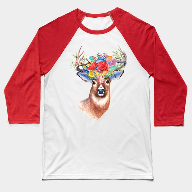 Deer Floral Baseball T-Shirt by Mako Design 